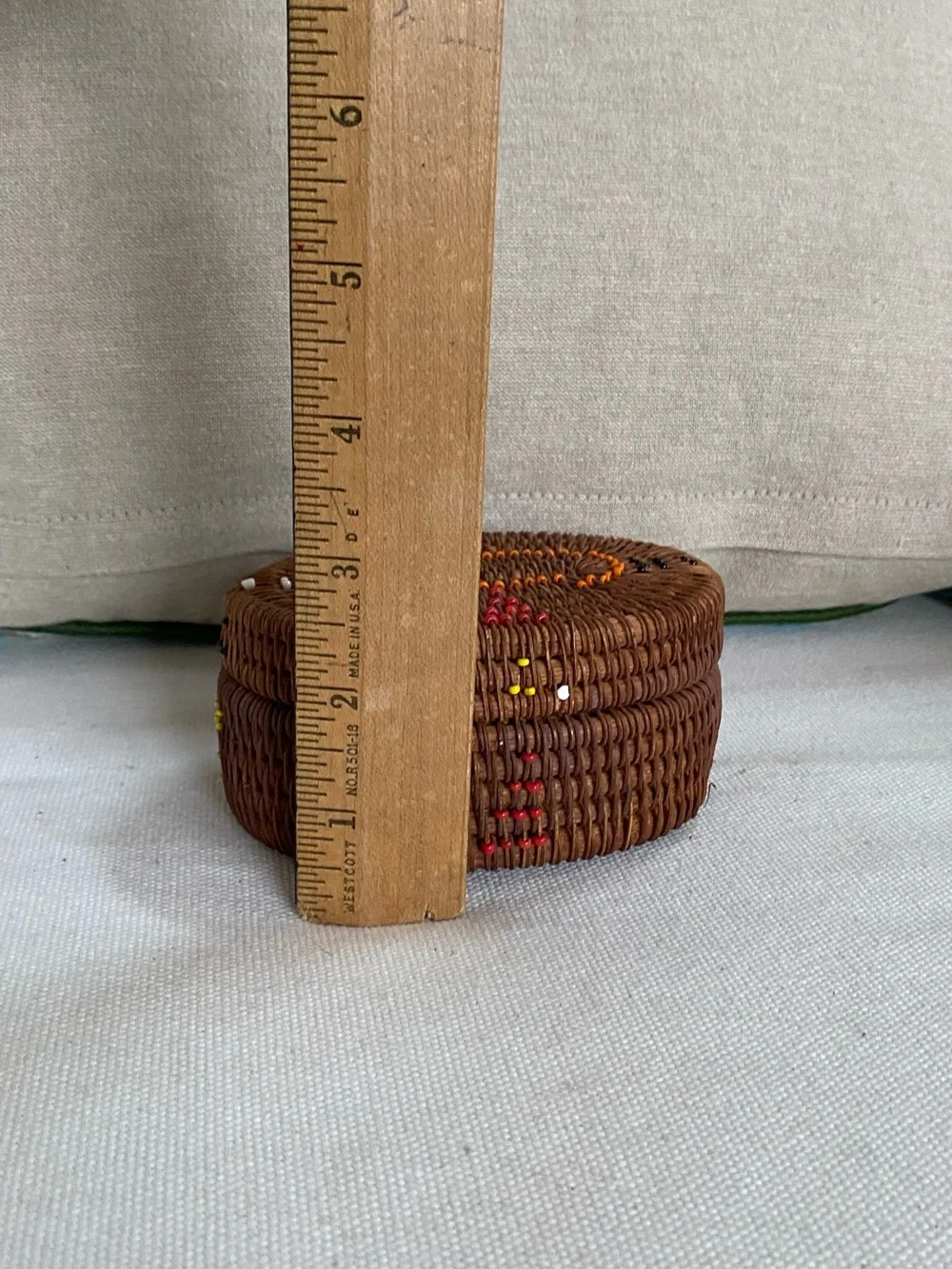 2 VTG Indonesian Lombok Handwoven Rattan Beaded Trinket Box Lid Seed Bead Accent